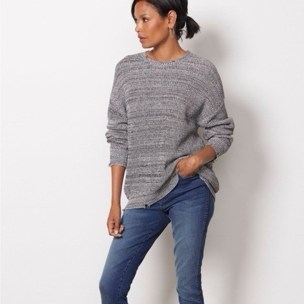 PISTOLA Eve Distressed Crew Sweater Pullover‎ Knit Grey Black MEDIUM Women's